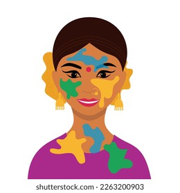 Portrait of a smiling Indian woman covered in colorful dust from the Holi festival. A man with bright colored splashes on his face and clothes.
