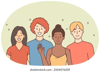 Portrait of smiling interracial group hugging feeling positive and happy. Overjoyed multiracial friends say hello wave with hand. Vector illustration.