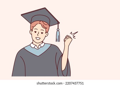 Portrait of smiling male student in mantle and hat make yes hand gesture for successful university graduation. Happy guy graduate in robe. Education. Vector illustration. 