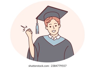 Portrait of smiling male student in mantle and hat make yes hand gesture for successful university graduation. Happy guy graduate in robe. Education. Vector illustration.