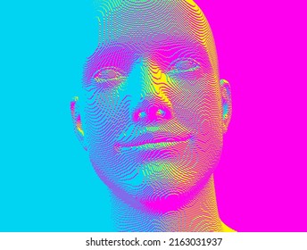 Portrait of smiling man. Abstract digital human head constructing from cubes. Technology and robotics concept. Voxel art. 3D vector illustration for presentations, flyers or posters. 