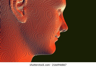Portrait of smiling man. Abstract digital human head constructing from cubes. Technology and robotics concept. Voxel art. 3D vector illustration for presentations, flyers or posters. 