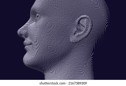 Retrato de un hombre sonriente. Resumen de la construcción digital de cabeza humana a partir de cubos. Concepto de tecnología y robótica. Ilustración vectorial 3D de Voxel para presentaciones, volantes o carteles. 