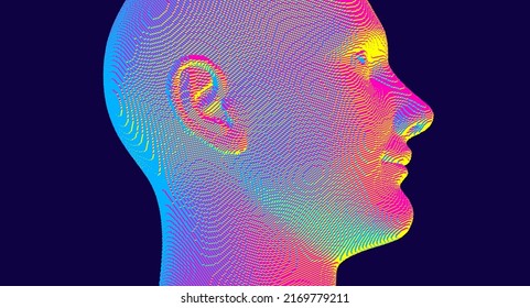 Portrait of smiling man. Abstract digital human head constructing from cubes. Technology and robotics concept. Voxel art. 3D vector illustration for presentations, flyers or posters. 
