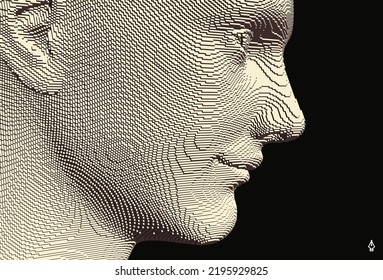 Portrait of smiling man. Abstract digital human head constructing from cubes. Technology and robotics concept. Voxel art. 3D vector illustration for presentations, flyers or posters. 