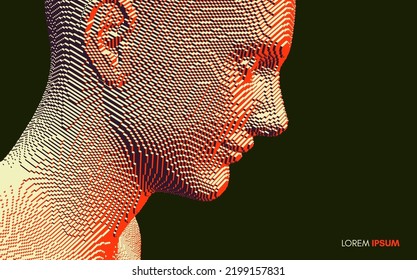 Portrait of smiling man. Abstract digital human head constructing from cubes. Technology and robotics concept. Voxel art. 3D vector illustration for presentations, flyers or posters. 