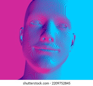 Portrait of smiling man. Abstract digital human head constructing from cubes. Technology and robotics concept. Voxel art. 3D vector illustration for presentations, flyers or posters. 