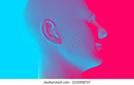 Portrait of smiling man. Abstract digital human head constructing from cubes. Technology and robotics concept. Voxel art. 3D vector illustration for presentations, flyers or posters. 