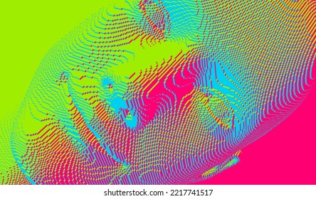 Portrait of smiling man. Abstract digital human head constructing from cubes. Technology and robotics concept. Voxel art. 3D vector illustration for presentations, flyers or posters. 
