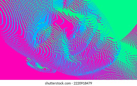 Portrait of smiling man. Abstract digital human head constructing from cubes. Technology and robotics concept. Voxel art. 3D vector illustration for presentations, flyers or posters. 