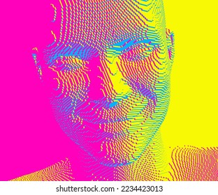 Portrait of smiling man. Abstract digital human head constructing from cubes. Technology and robotics concept. Voxel art. 3D vector illustration for presentations, flyers or posters. 