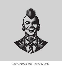 Portrait of a Smiling Man with Mohawk Hairstyle and Neck Tattoos Wearing a Professional Suit and Tie
