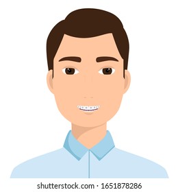 Portrait of a smiling man with orthodontic braces on his teeth. Vector illustration