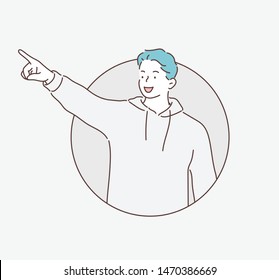 Portrait of a smiling man pointing fingers away. Hand drawn style vector design illustrations.