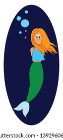 Portrait of a smiling mermaid in a blue top  green trunk  white-colored tail  looks beautiful in her long flowing blonde hair  vector  color drawing or illustration