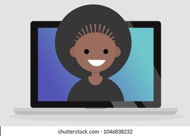 A portrait of smiling millennial black girl on a laptop screen. Communication. Generation z. Flat editable vector illustration, clip art