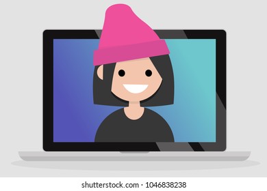 A portrait of smiling millennial girl on a laptop screen. Communication. Generation z. Flat editable vector illustration, clip art