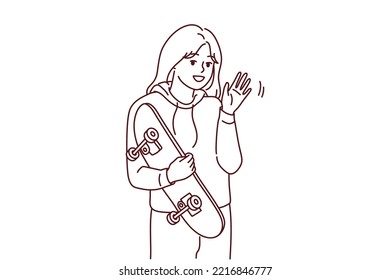 Portrait of smiling millennial girl with skateboard posing outdoors. Happy young woman with board enjoy sport activity. Skateboarder hobby. Vector illustration.