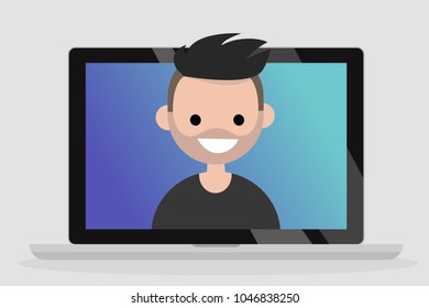 A portrait of smiling millennial man on a laptop screen. Communication. Generation z. Flat editable vector illustration, clip art