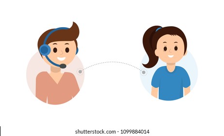 Portrait of smiling operator of call center in headset consulting client. Helpline service 24/7 concept. Flat style design. Isolated on white background