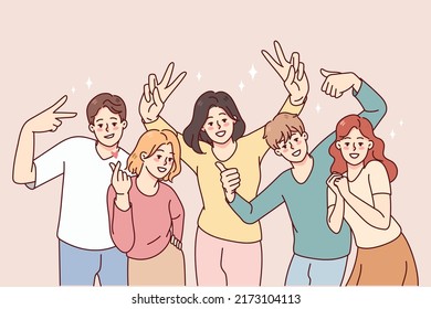 Portrait of smiling people posing together. Happy men and women have fun make diverse gestures. Friendship and unity. Vector illustration. 