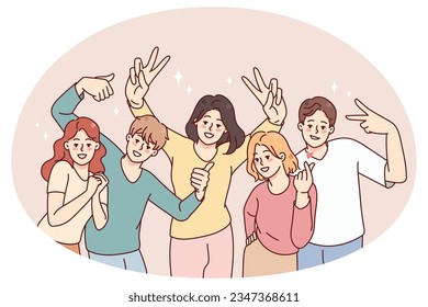 Retrato de personas sonrientes posando juntas. Los hombres y mujeres felices se divierten haciendo gestos diversos. Amistad y unidad. Ilustración vectorial.