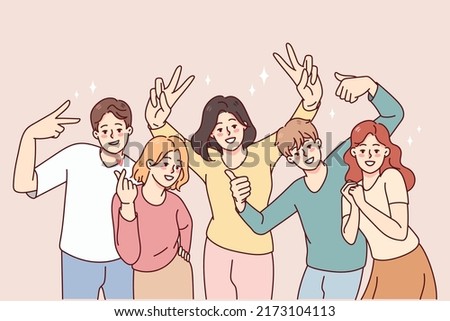 Portrait of smiling people posing together. Happy men and women have fun make diverse gestures. Friendship and unity. Vector illustration. 