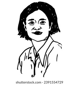Portrait of a smiling person. Hand drawn linear doodle rough sketch. Black silhouette on white background.