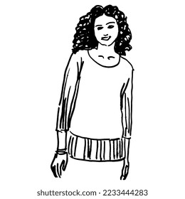 Portrait of a smiling pretty girl with curly hair. Hand drawn linear doodle rough sketch. Black silhouette on white background.