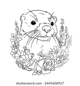 Portrait of a smiling realistic otter. Colouring. Portrait of a cute otter with a wreath. Vector illustration of wild animal and tropical flowers, design for children, logo, design blank