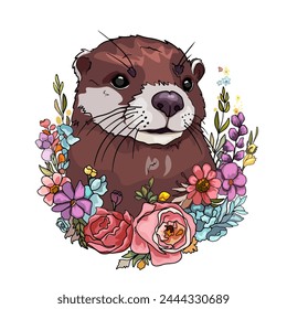 Portrait of a smiling realistic otter in watercolour colours. Portrait of a cute otter with a wreath. Vector illustration of wild animal and tropical flowers, design for children, logo, design blank