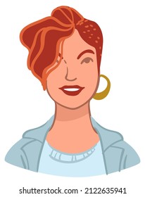 Portrait or smiling redhead female character, isolated positive girl with fashionable earrings and model apparel. Stylish young lady with hairstyle, posing for avatar or photo. Vector in flat