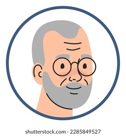Portrait of a smiling senior man vector isolated. Male character with grey hair and beard. Elderly person wearing glasses. Avatar of senior character.