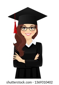 Portrait of smiling student girl with hat of graduation on head isolated vector illustration