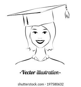Portrait of smiling student-girl wearing graduation hat . Vector illustration.