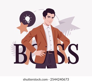 Retrato de homem de negócios chefe bem-sucedido sorridente, confiança e poder de CEO masculino jovem feliz, liderança, design moderno para revista de arte, blog, anúncio gráfico, ilustração de mídia social digital