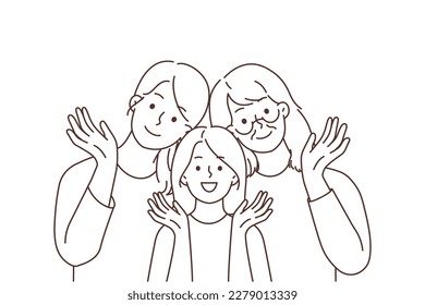 Portrait of smiling three generations of women posing together waving with hand. Happy girl child with mother and grandmother show family unity. Vector illustration. 
