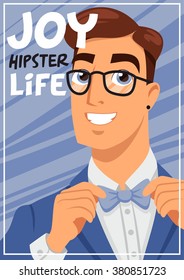 portrait of a smiling tie hipster glasses and a suit blue poster