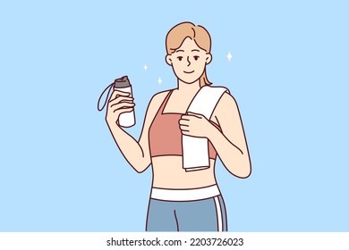 Portrait of smiling toned young woman in sportswear follow healthy lifestyle do sports. Happy sportive fit girl show good figure after workout. Vector illustration. 