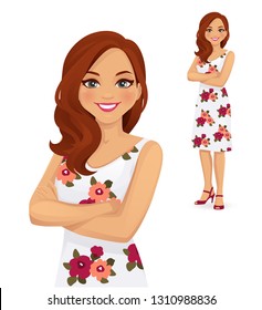 Portrait of smiling woman with arms crossed in flower dress isolated vector illustration