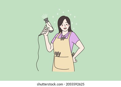 Portrait of smiling woman hair stylist pose with hairdryer scissors in salon. Happy young girl hairdresser work in beauty industry, hair treatment and procedures. Flat vector illustration, cartoon. 