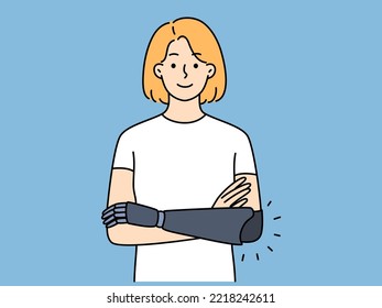 Portrait of smiling woman with hand prosthesis feeling optimistic and confident. Happy disabled girl with prosthetic arm. Disability. Vector illustration. 