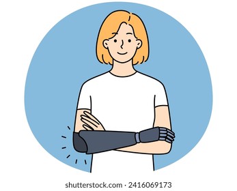 Portrait of smiling woman with hand prosthesis feeling optimistic and confident. Happy disabled girl with prosthetic arm. Disability. Vector illustration.