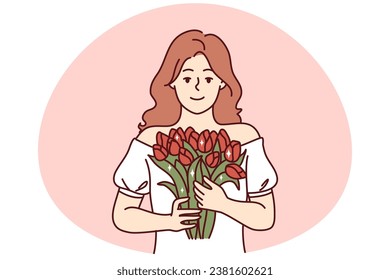 Portrait of smiling woman holding flowers in hands. Happy girl with bouquet feeling happy celebrating birthday anniversary. Vector illustration.