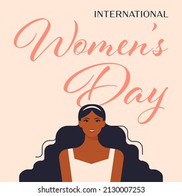 Portrait of smiling woman. International women's day greeting card. Poster with cute woman with long hair. Vector illustration.