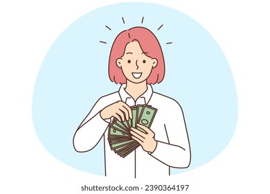 Portrait of smiling woman with money in hands. Happy female with cash stack celebrate online lottery win or promotion. Wealth concept. Vector illustration.