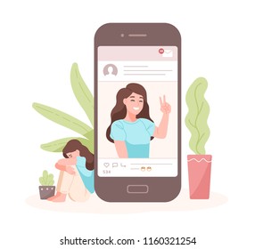 Portrait of smiling woman on smartphone screen against crying one on background. Concept of fake life on social media or network. Imitation of happiness, welfare, success. Cartoon vector illustration.