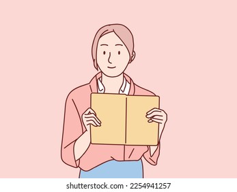 Portrait of smiling woman reading book simple korean style illustration