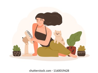 Portrait of smiling woman sitting on floor with her pet cat and using electric fan to cool down. Adorable cartoon character isolated on white background. Colorful vector illustration in flat style.