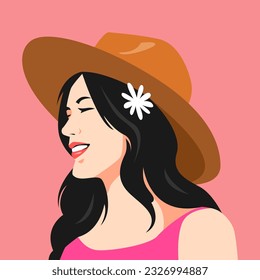 portrait of smiling woman wearing fedora hat and flower accessories in hair. summer concept, beach. suitable for avatar, social media profile, print, etc. vector flat graphic.